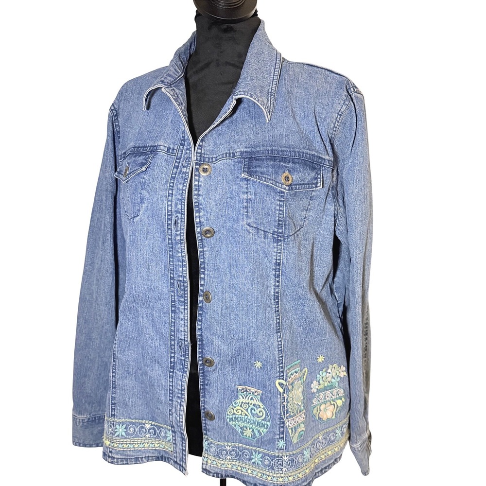 Women's Alfred Dunner Denim Jacket Long Sleeve Top Embroidered y2K Floral SZ 12